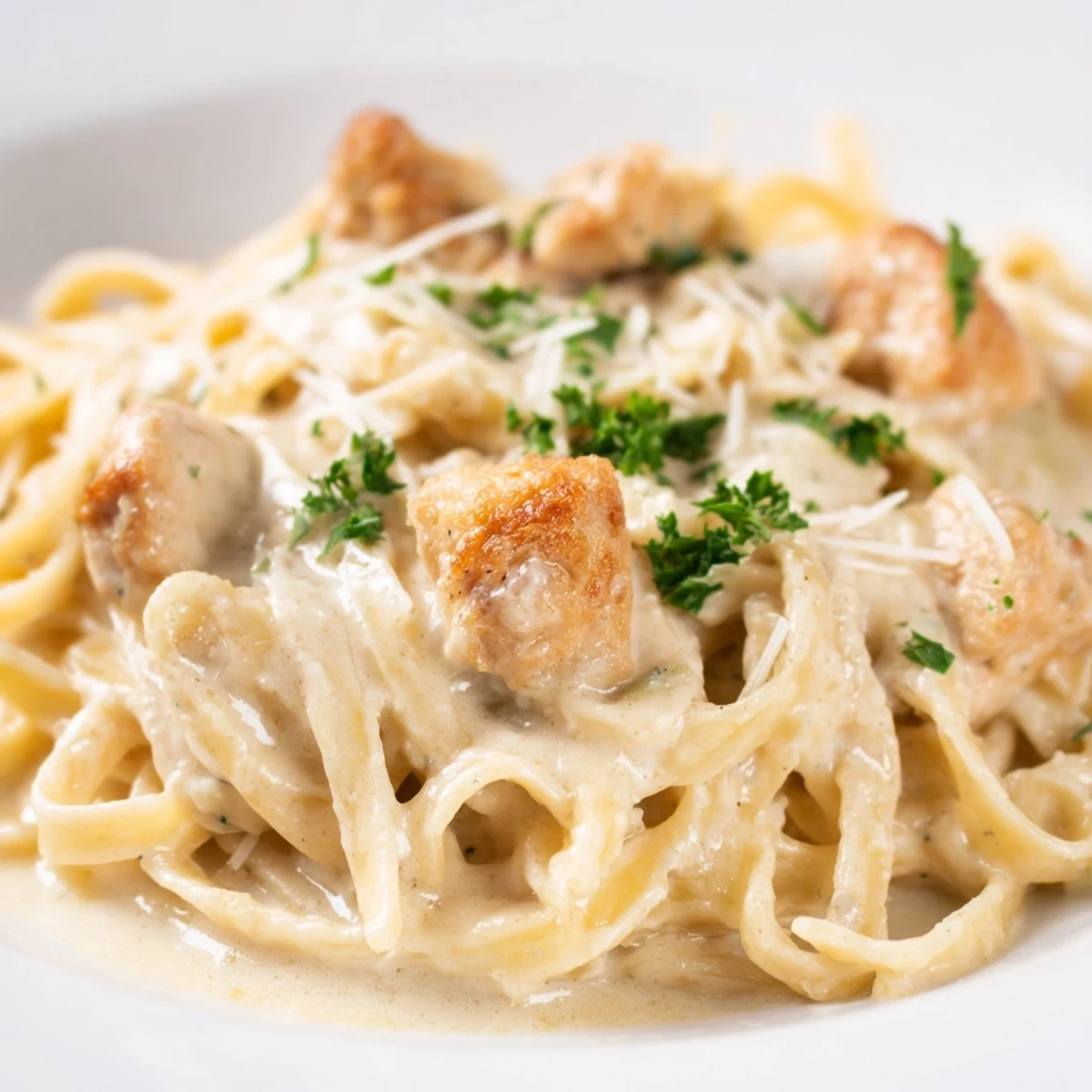 Steaming bowl of tender chicken pasta richly coated in white cream and garlic sauce