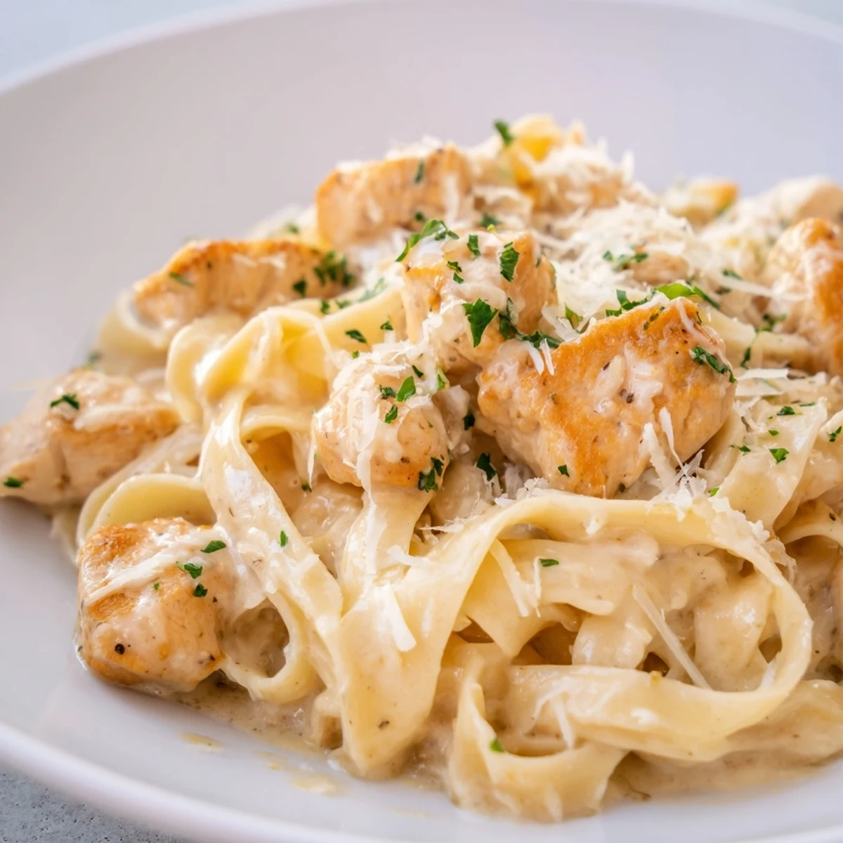 Creamy garlic Parmesan chicken pasta topped with fresh parsley and extra grated cheese