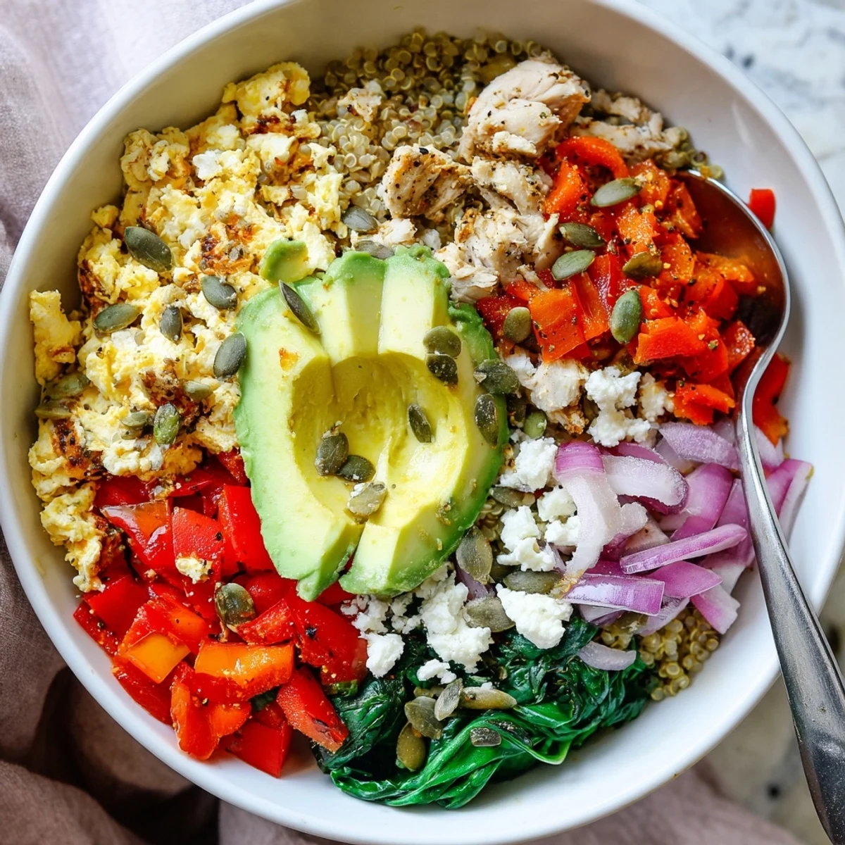 Colorful high protein breakfast bowl with fluffy scrambled eggs, fresh vegetables, and creamy avocado slices