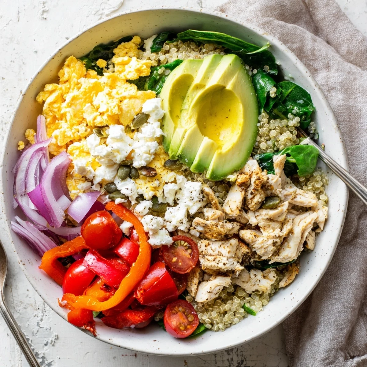 Customizable high protein breakfast bowl featuring eggs, chicken, quinoa, and vibrant bell pepper garnish
