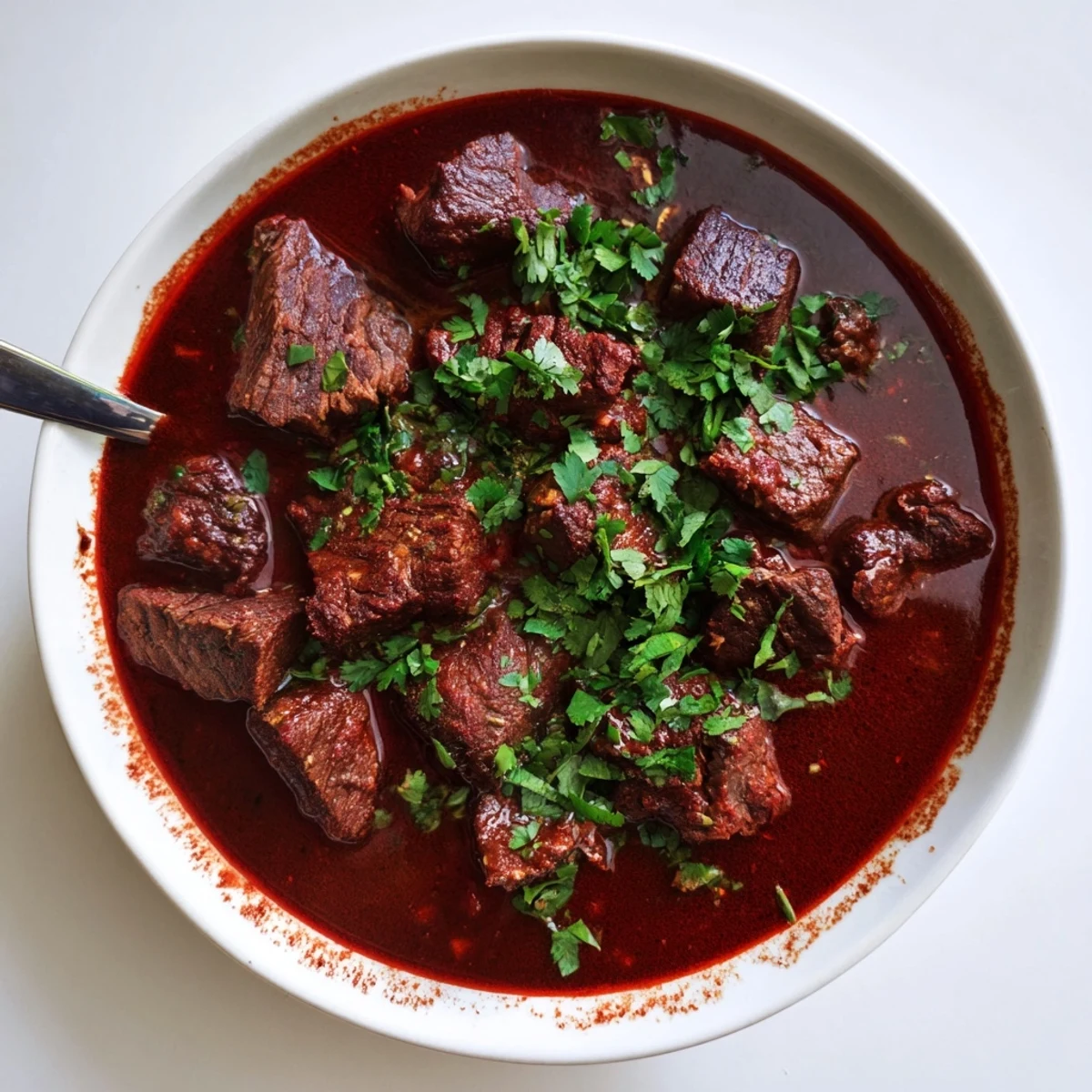 Hearty Slow Cooker Chili Colorado served with fresh cilantro garnish on a rustic bowl