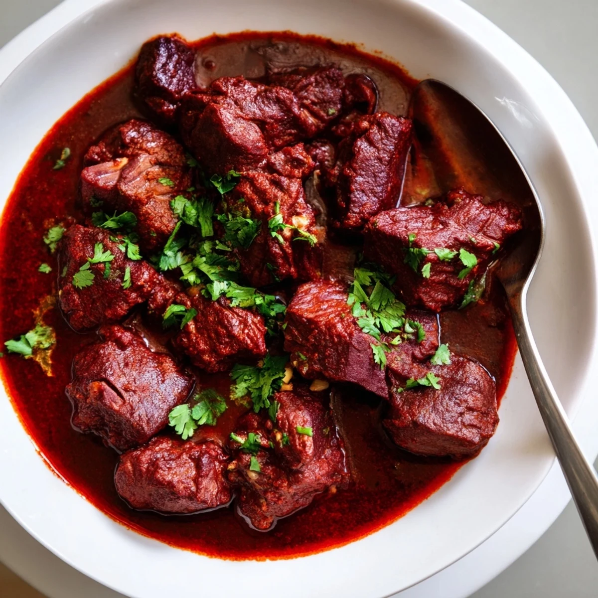 Savory Slow Cooker Chili Colorado with melt-in-your-mouth beef in deep crimson chili broth