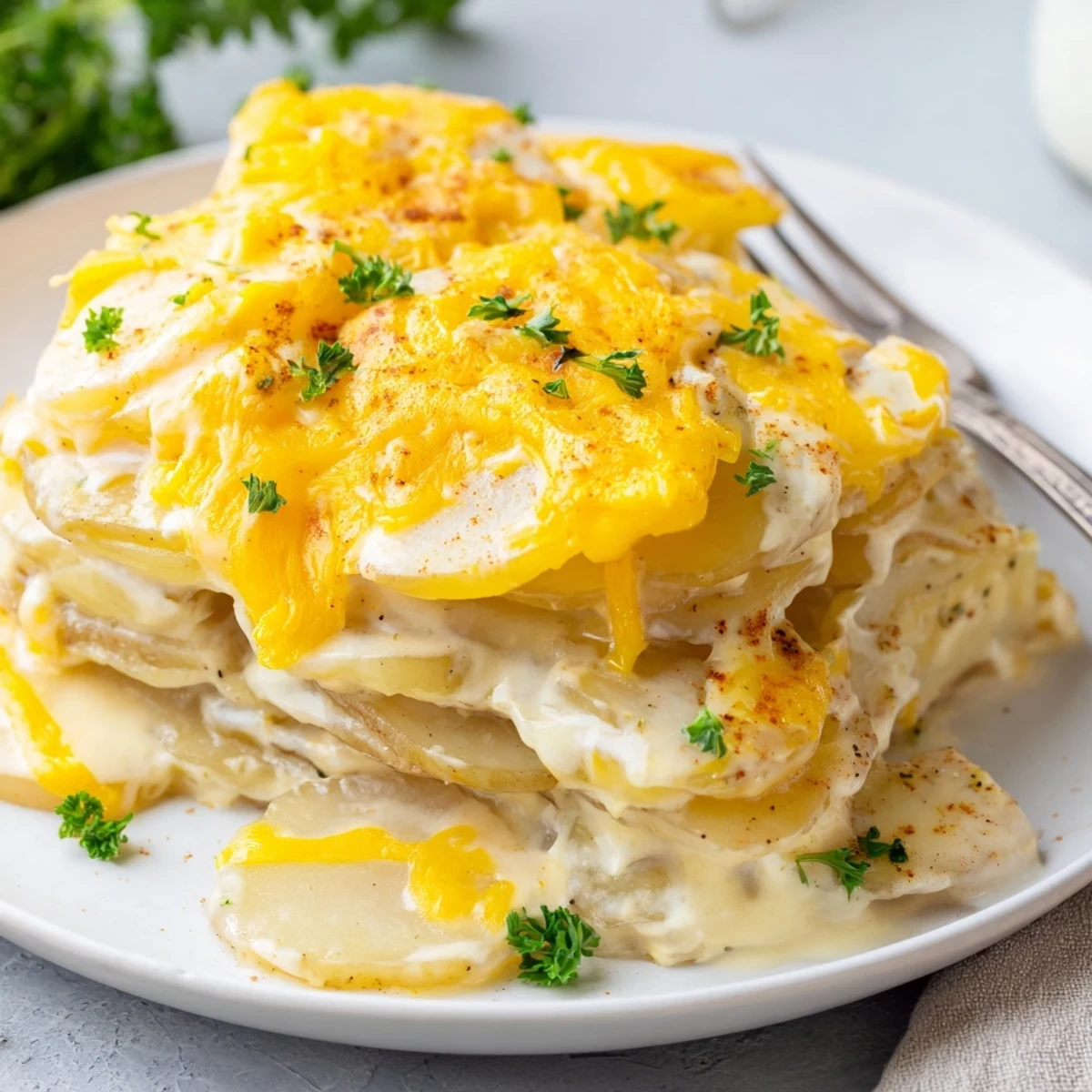 Golden slices of tender potatoes layered with melted cheddar in this Crockpot scalloped potatoes dish