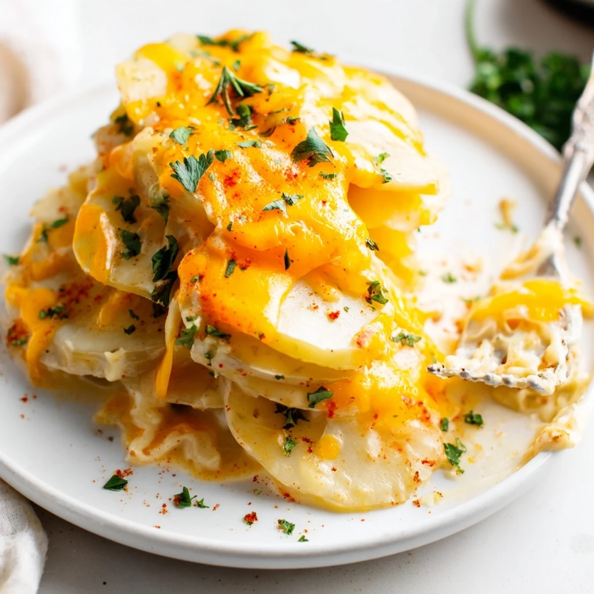 Creamy slow-cooked scalloped potatoes bubbling with cheese and garlic in a crockpot