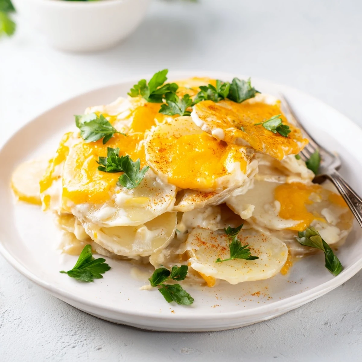 Bubbling Crockpot scalloped potatoes topped with golden melted cheese and fresh parsley garnish