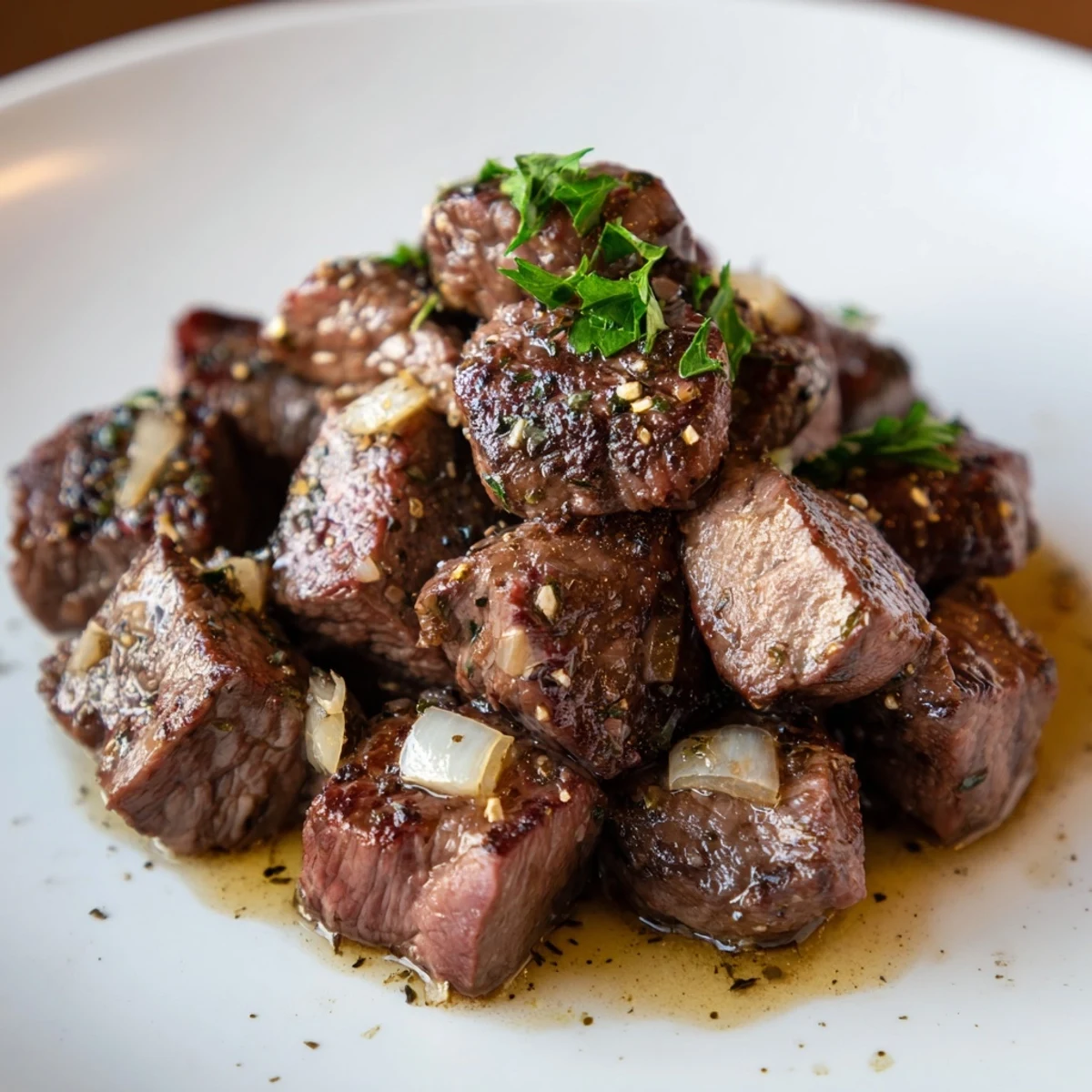 Tender Crockpot steak bites swimming in garlic butter sauce with fresh parsley garnish