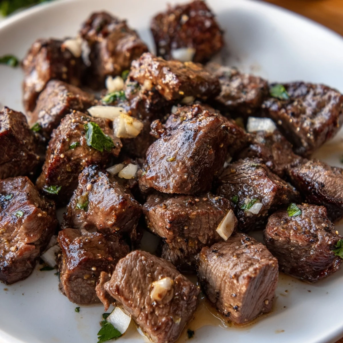 Golden brown Crockpot steak bites topped with melted butter and chopped green onions