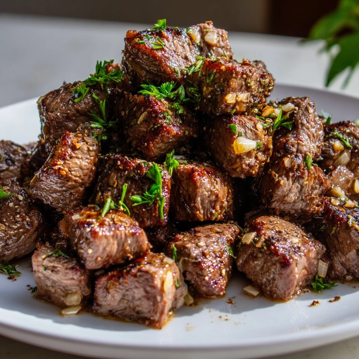 Juicy slow-cooked steak bites with herbs served over creamy mashed potatoes for dinner