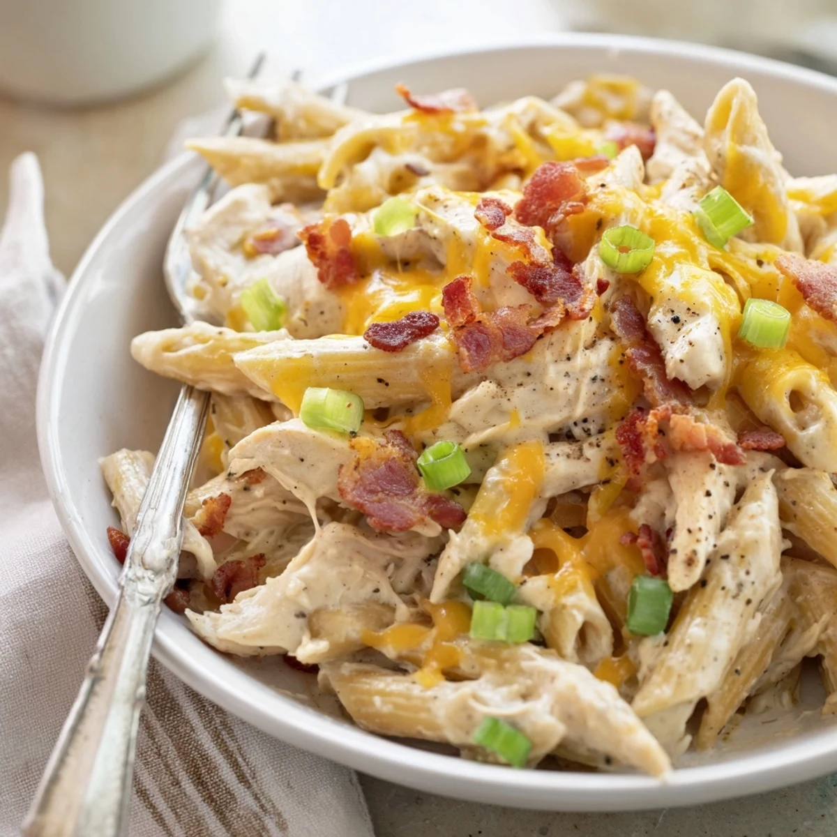Steaming plate of comfort food pasta showcasing tender chicken pieces coated in rich ranch cream sauce