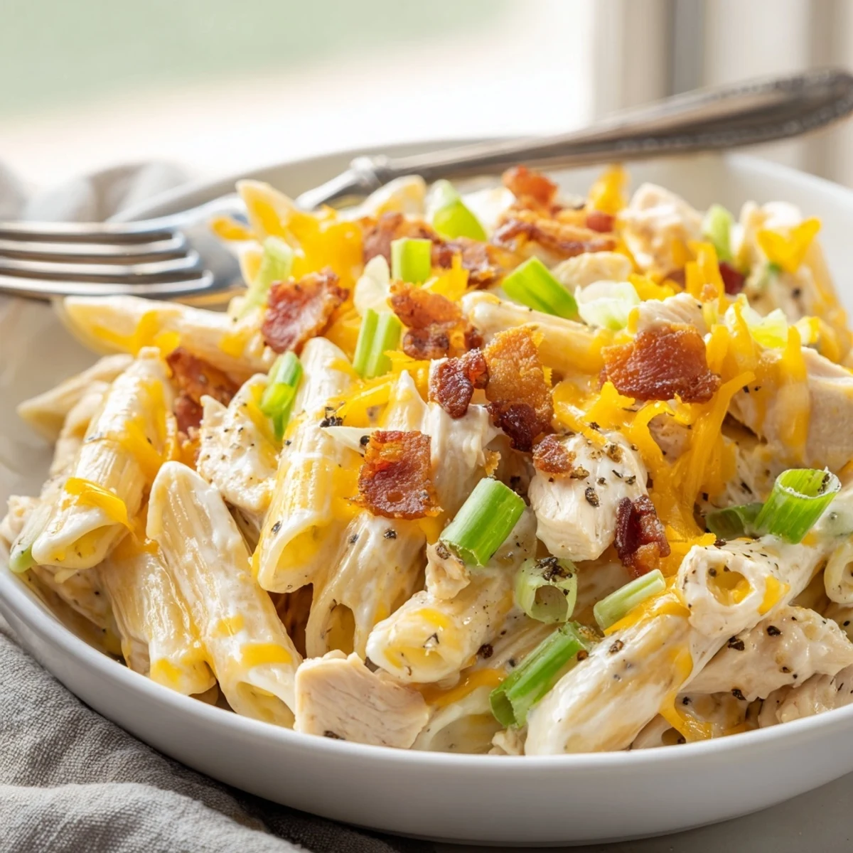 Creamy crack chicken pasta topped with crispy bacon and melted cheddar cheese in a white serving bowl