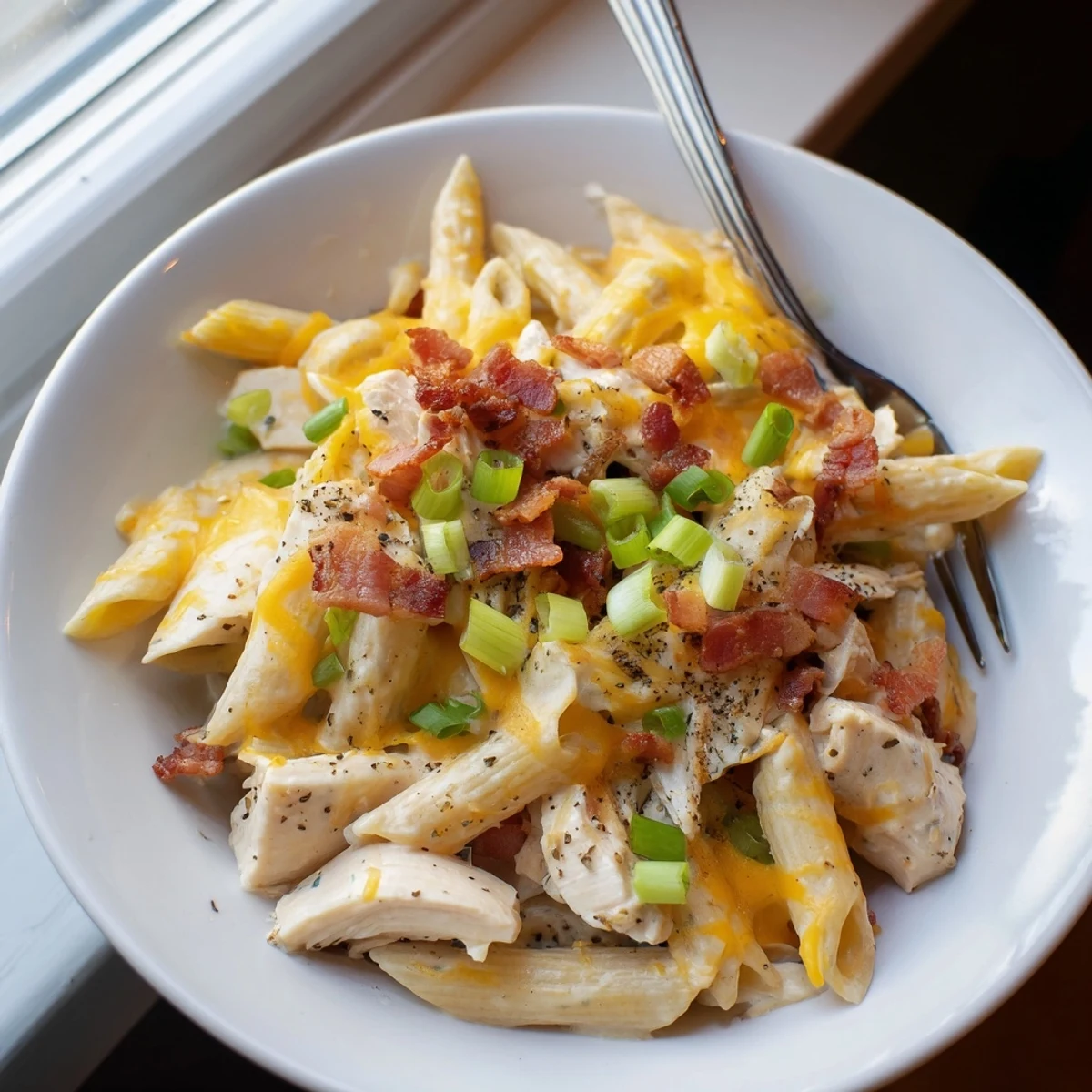 Golden bacon garnish adorning this indulgent cheesy crack chicken pasta dish with green onion sprinkles