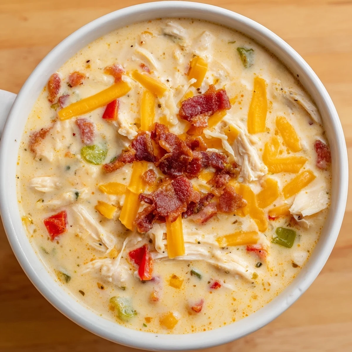 Creamy spicy jalapeno popper chicken soup topped with crispy bacon crumbles and melted cheddar cheese