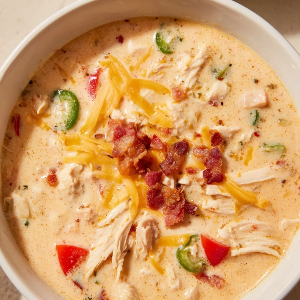 Rich white chicken soup with jalapeno peppers in a bowl garnished with green onions and red pepper