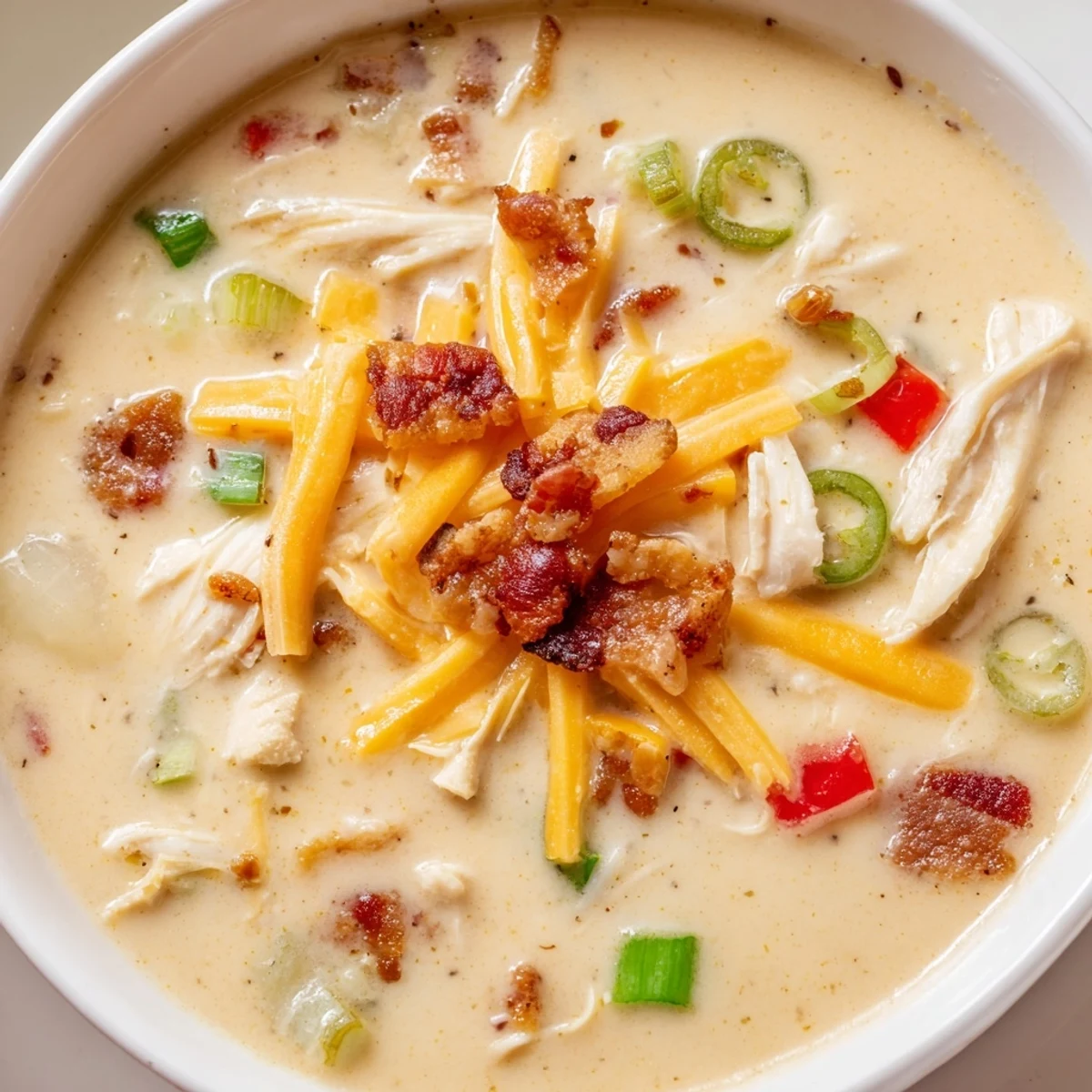 Hearty low carb jalapeno popper chicken soup steaming in a rustic bowl with bacon and cheese