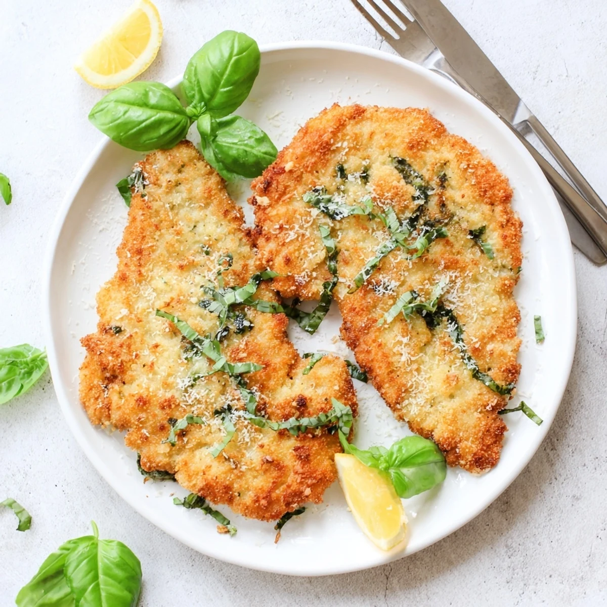Pan-fried chicken cutlets coated in seasoned Parmesan breadcrumbs with fresh green basil leaves visible
