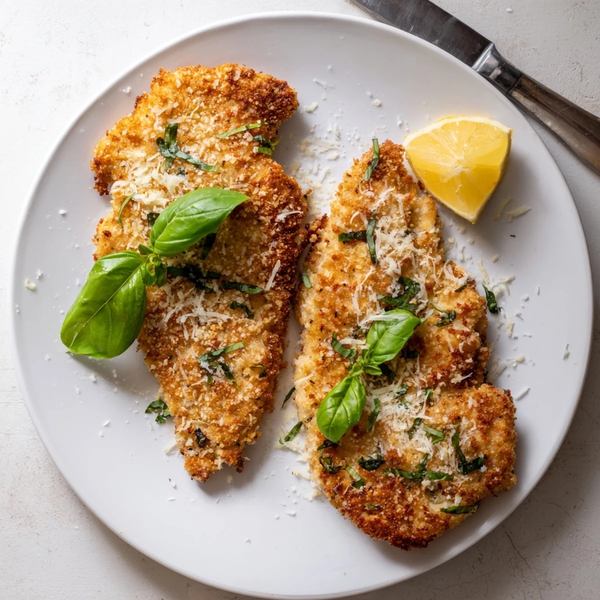 Golden crispy Parmesan basil chicken cutlets served on a white plate with fresh basil garnish