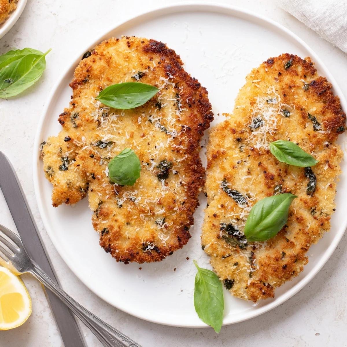 Golden brown Italian chicken cutlets sprinkled with grated Parmesan and topped with fresh basil