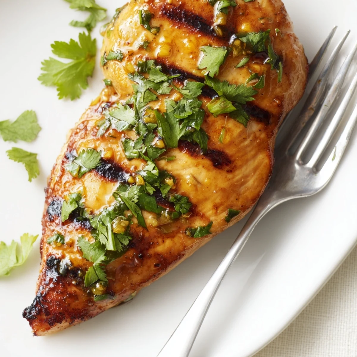 Citrus marinated Key West grilled chicken breasts garnished with chopped cilantro on white plate