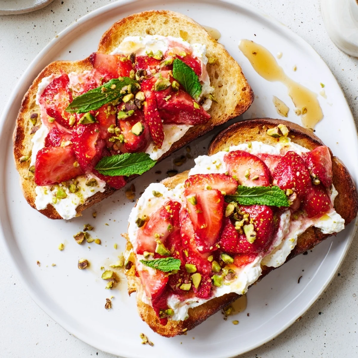 Golden brown toasted sourdough piled high with whipped ricotta and sweet roasted strawberry topping