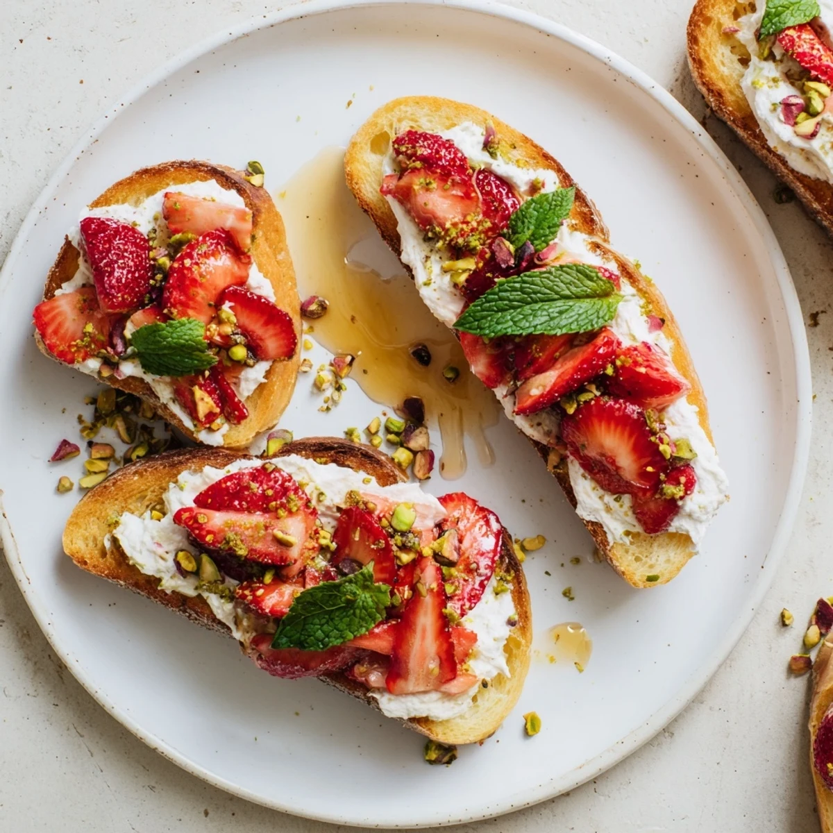 Vibrant red roasted strawberries layered over creamy ricotta spread on crispy artisan bread slices