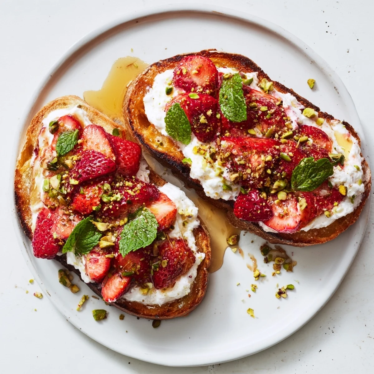 Brunch toast featuring whipped ricotta cheese topped with syrupy roasted strawberries on crusty sourdough