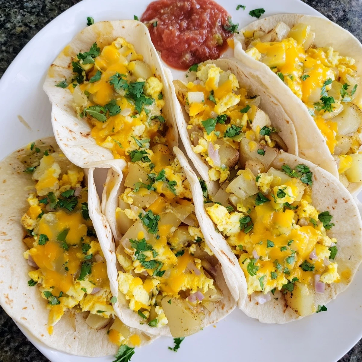 Golden potato egg cheese breakfast tacos filled with fluffy scrambled eggs and melted cheddar