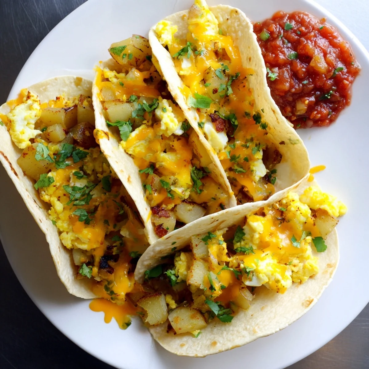 Plate of potato egg cheese breakfast tacos topped with fresh cilantro and served with salsa