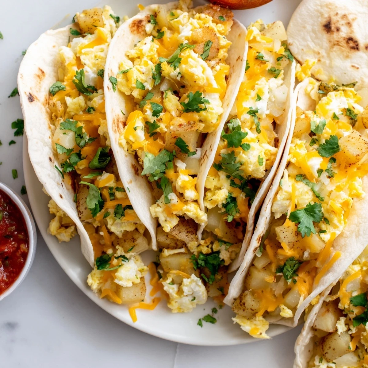 Warm flour tortillas stuffed with crispy potatoes, eggs, and cheese for a hearty Tex-Mex breakfast