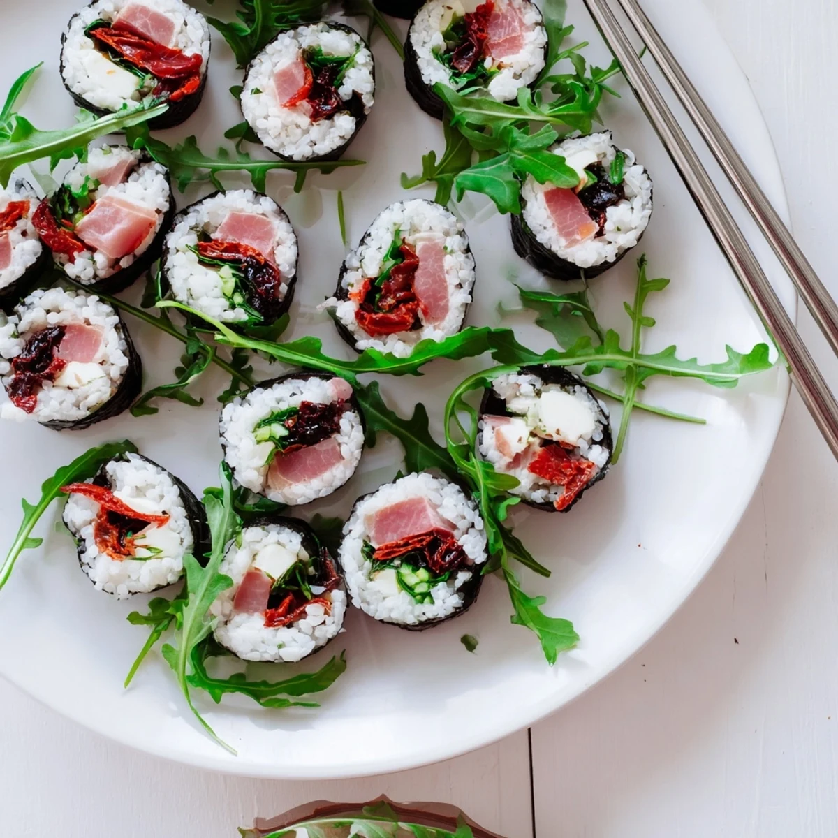 Colorful Italian sushi roll showcasing prosciutto, fresh mozzarella, and roasted red peppers wrapped in nori