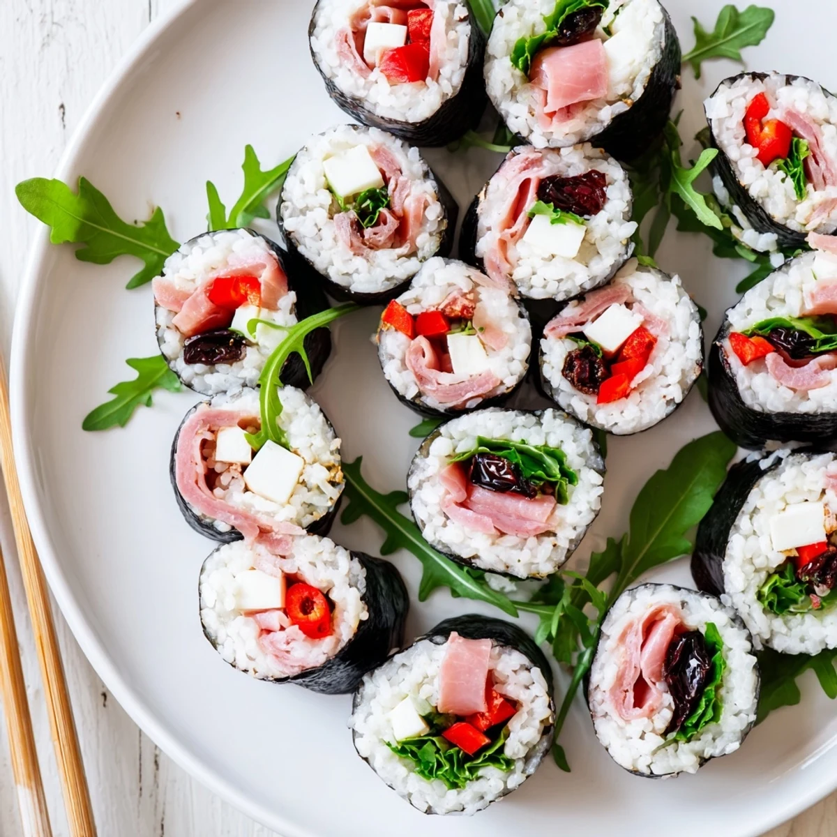 Fusion Italian sushi featuring sun-dried tomatoes, basil, and arugula rolled with seasoned sushi rice