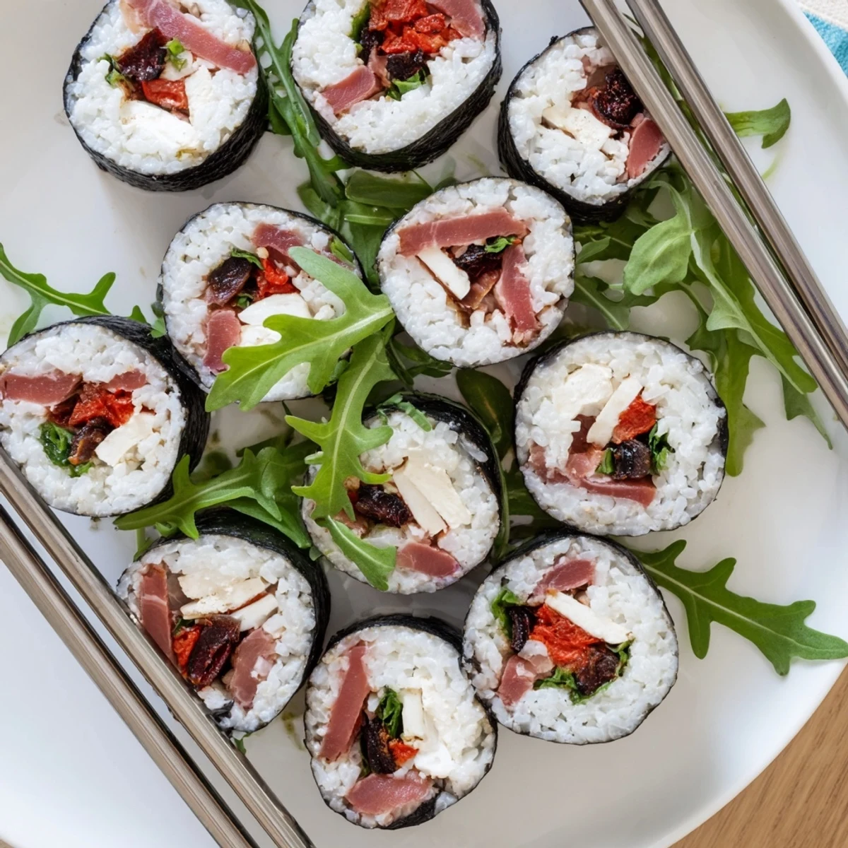 Mouthwatering Italian sushi slices drizzled with balsamic glaze and garnished with fresh basil leaves