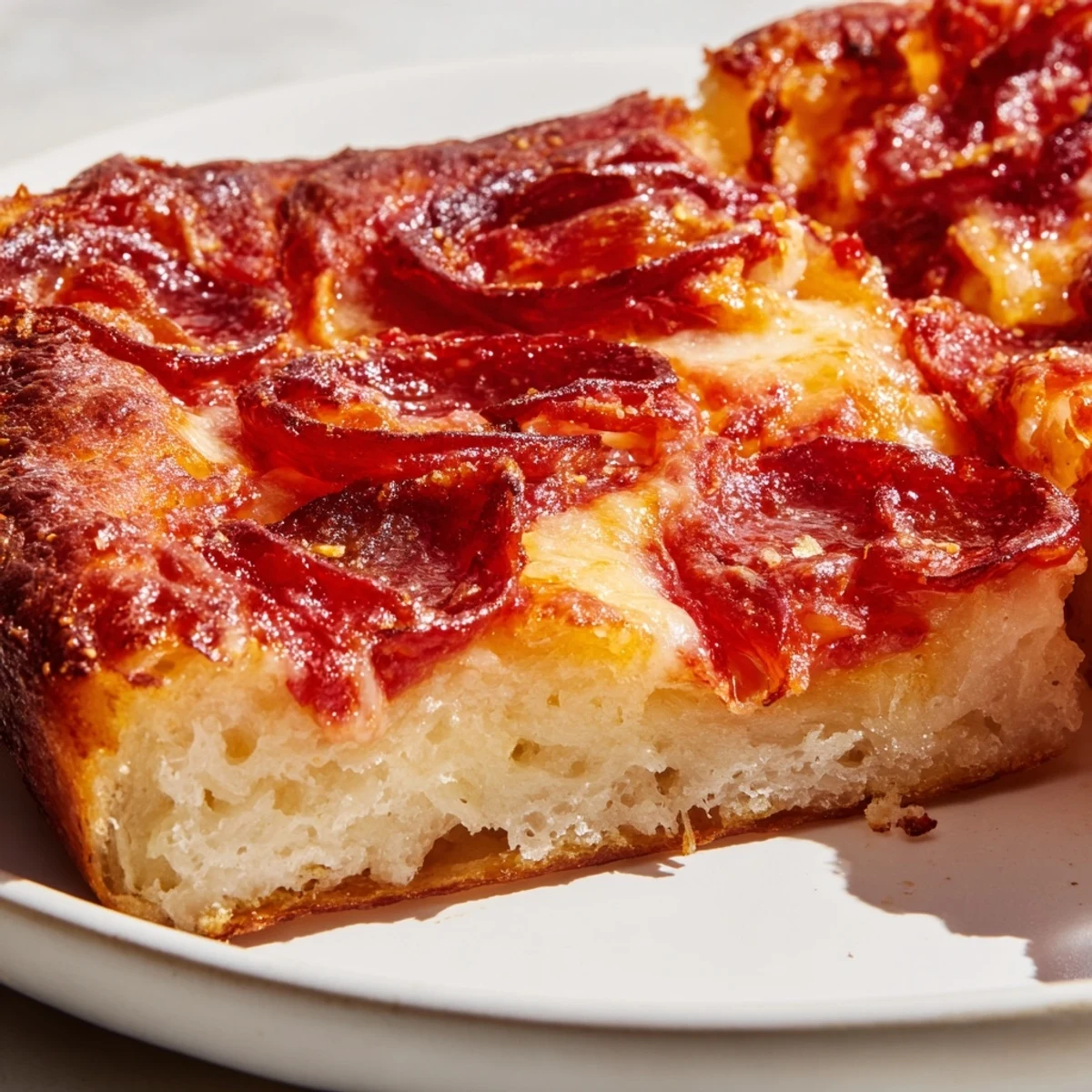 Homemade pan pizza featuring chewy interior pepperoni slices and perfectly caramelized cheese edges