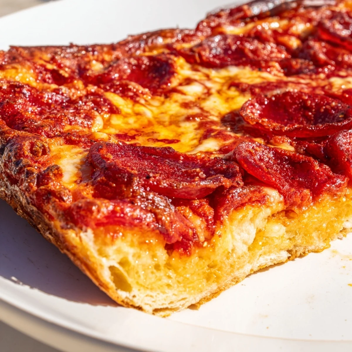 Sliced deep dish pizza revealing fluffy dough layers melted cheese and savory pepperoni