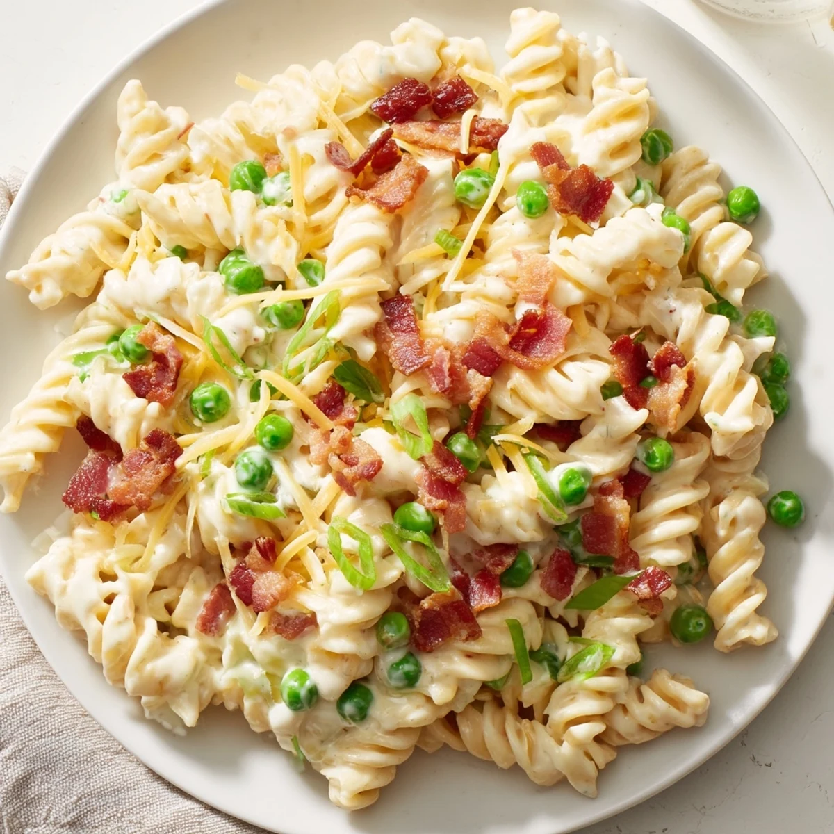 Creamy crack pasta salad loaded with crispy bacon, sharp cheddar, and ranch dressing in a serving bowl.