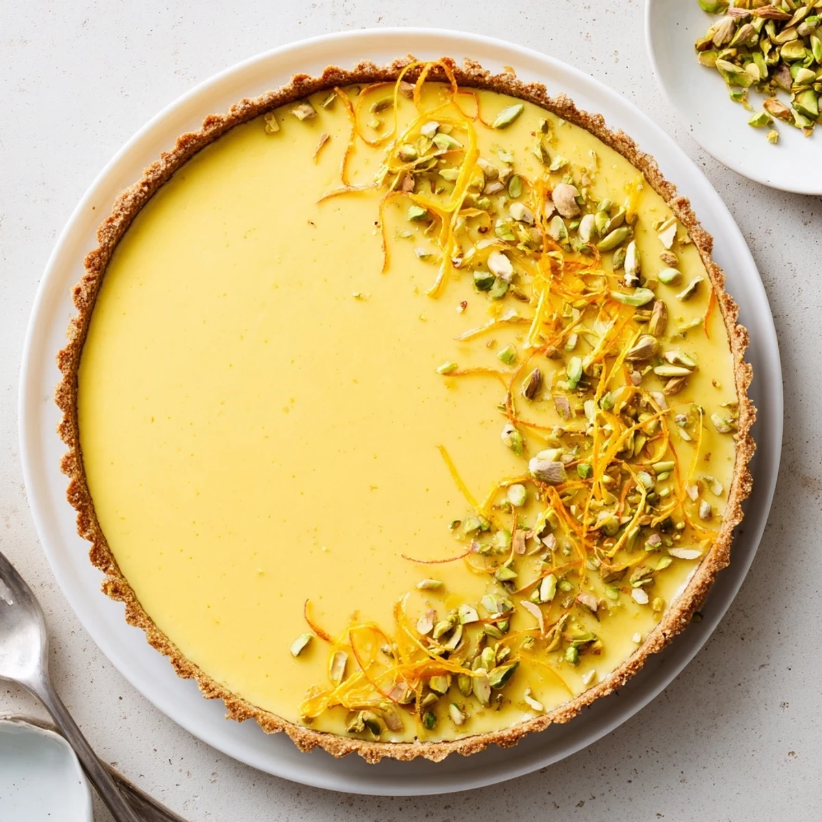 Golden orange cardamom tart slice sits on a white plate, garnished with chopped pistachios and fresh orange zest strips.