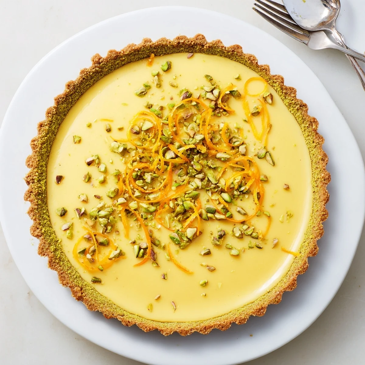 Elegant dessert features creamy orange-cardamom custard filling baked inside a crisp, green-speckled pistachio crust.