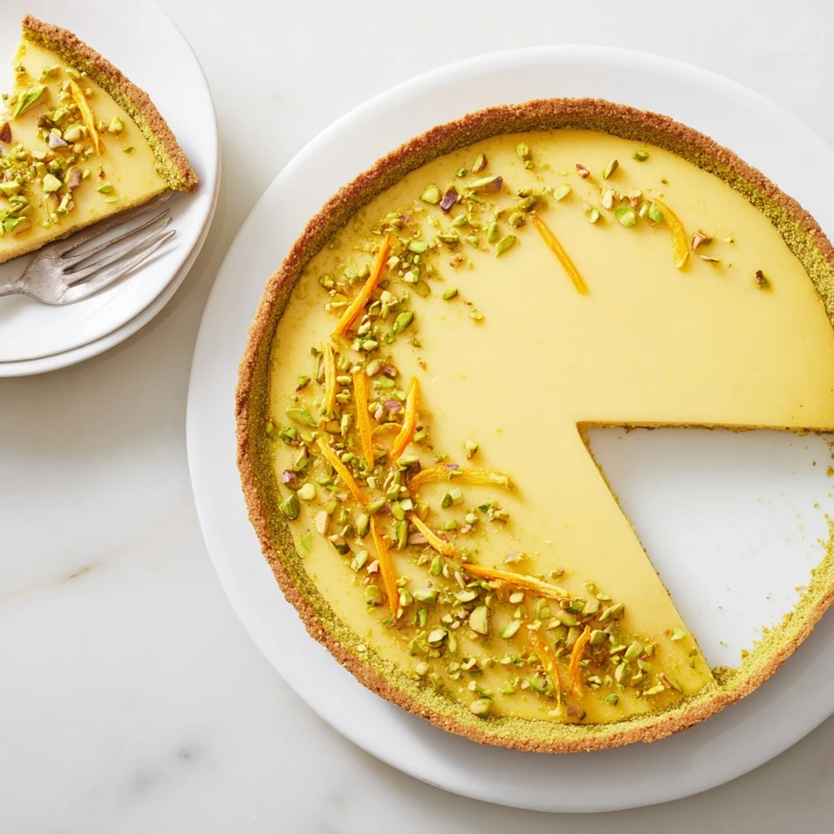 Fragrant spiced tart topped with crushed pistachios reveals smooth orange custard on a white serving plate.