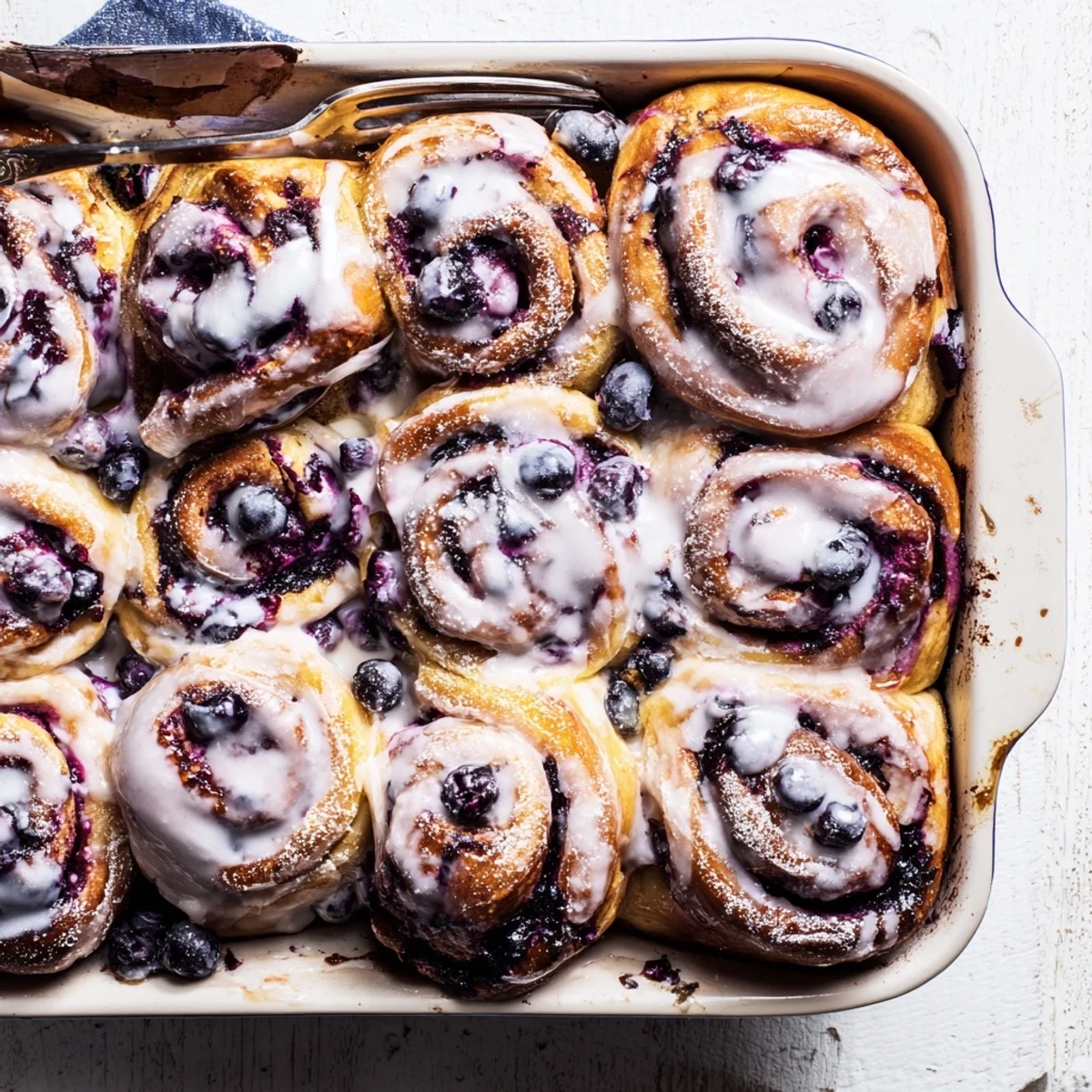 Golden lemon blueberry rolls drizzled with zesty glaze on a rustic serving board