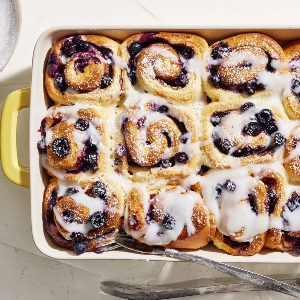 Freshly baked blueberry lemon rolls featuring purple swirls and sweet lemon icing topping