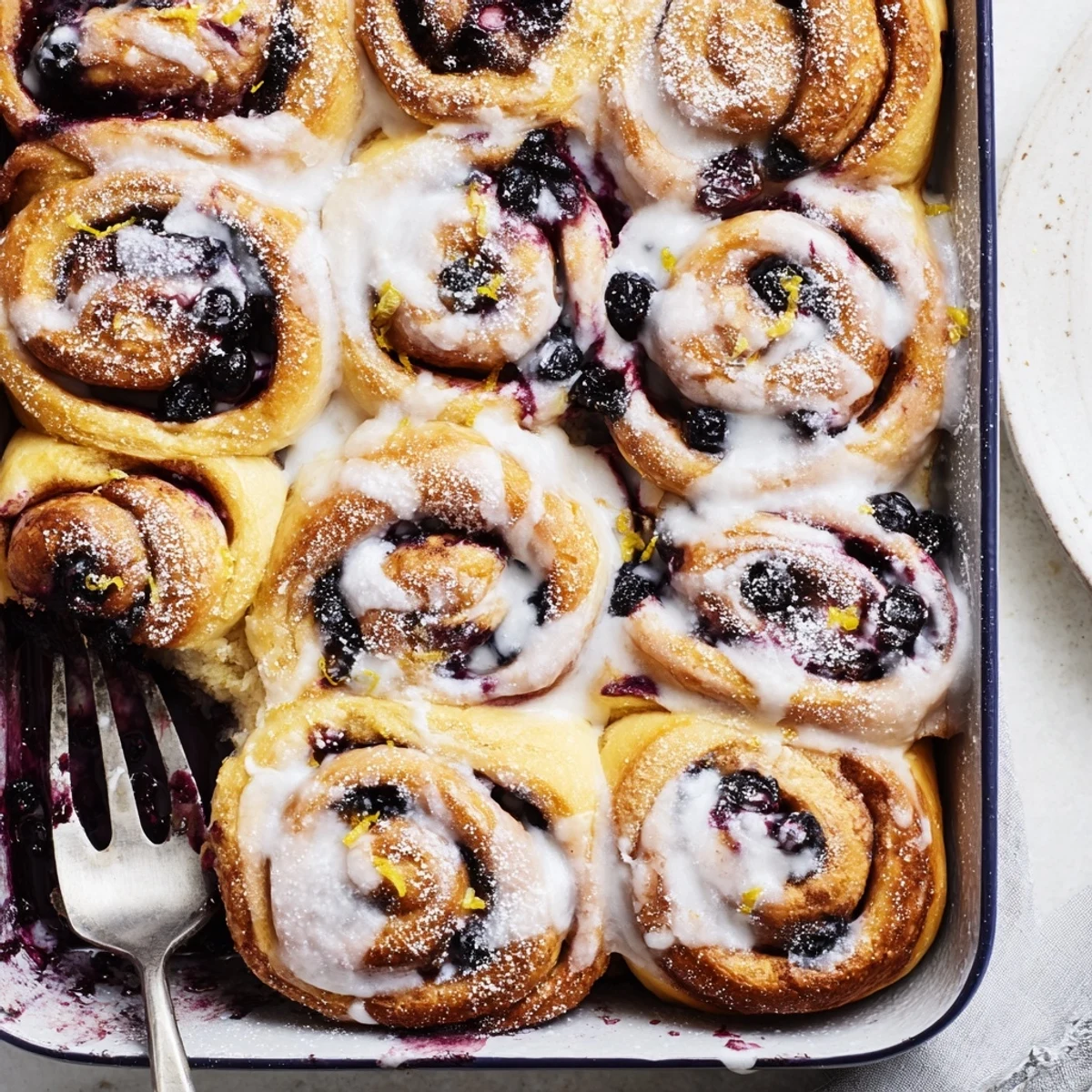 Soft breakfast rolls swirled with blueberry filling topped with creamy lemon glaze garnish