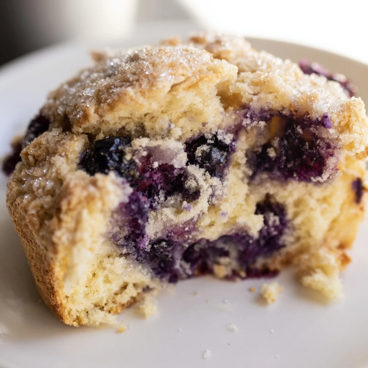 Tender homemade blueberry biscuits topped with coarse sugar on a rustic wooden serving board