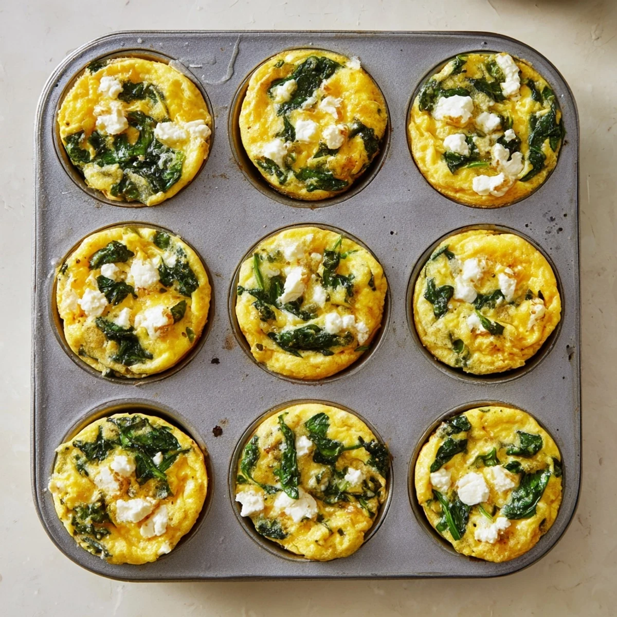 Golden baked egg muffins with spinach and feta ready for healthy breakfast