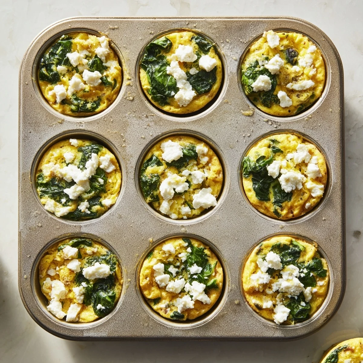 Savory egg muffins topped with melted feta and vibrant green spinach pieces