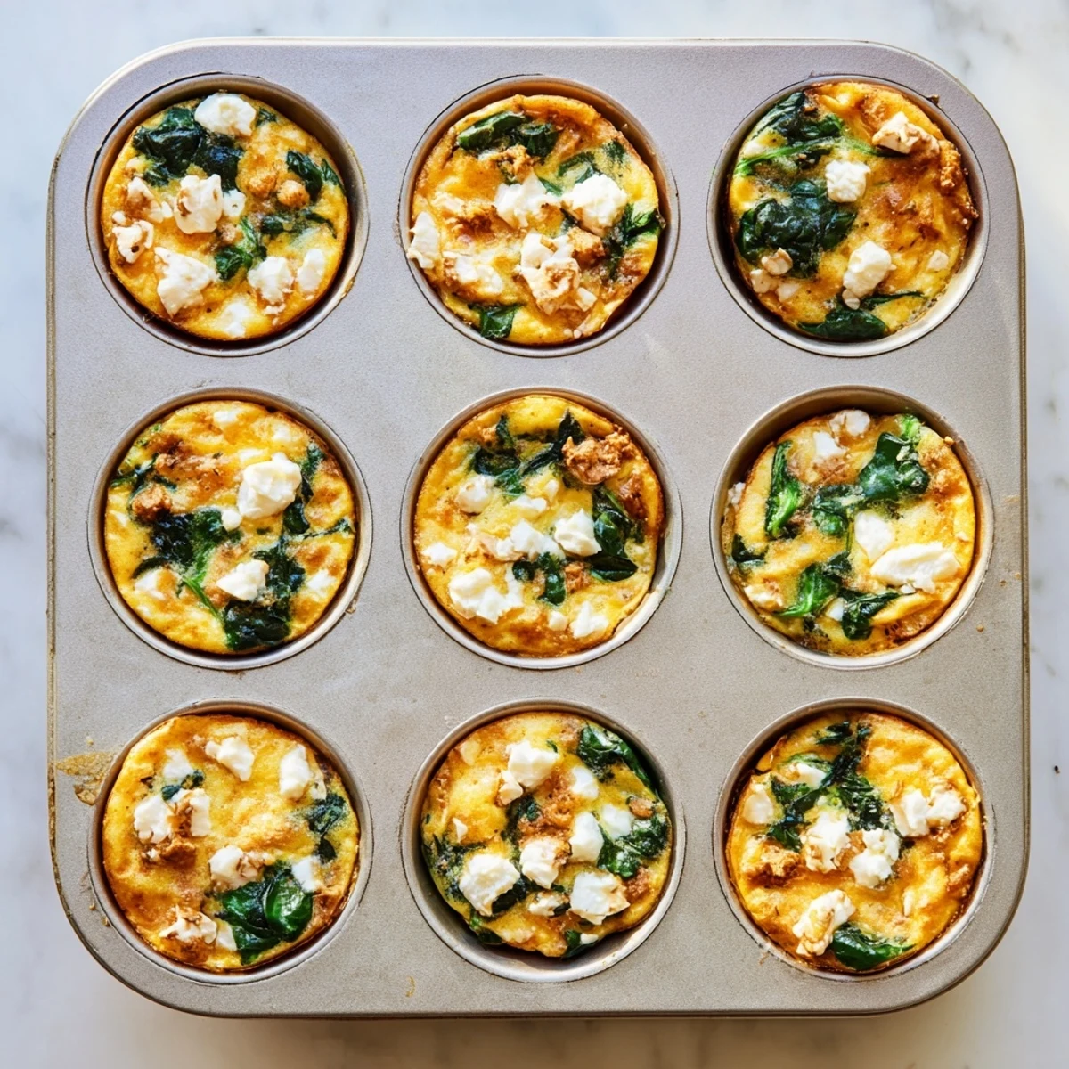 Fluffy spinach and feta egg muffins freshly baked in a muffin tin