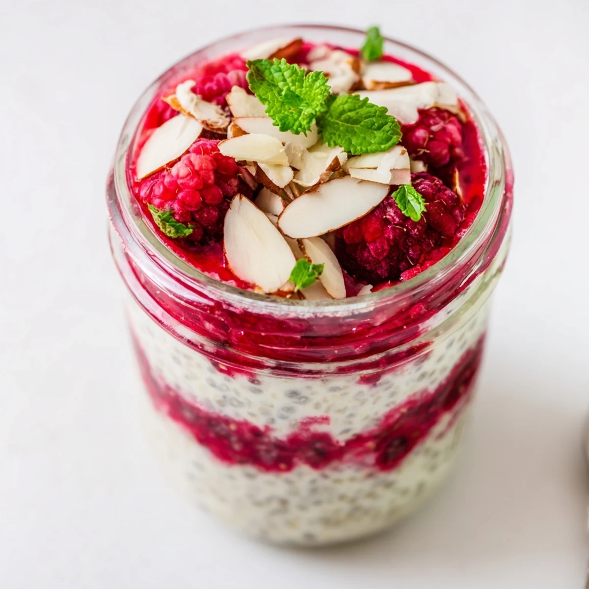 Creamy raspberry chia pudding sweetened with maple syrup layered in glass jars with fresh raspberries and mint