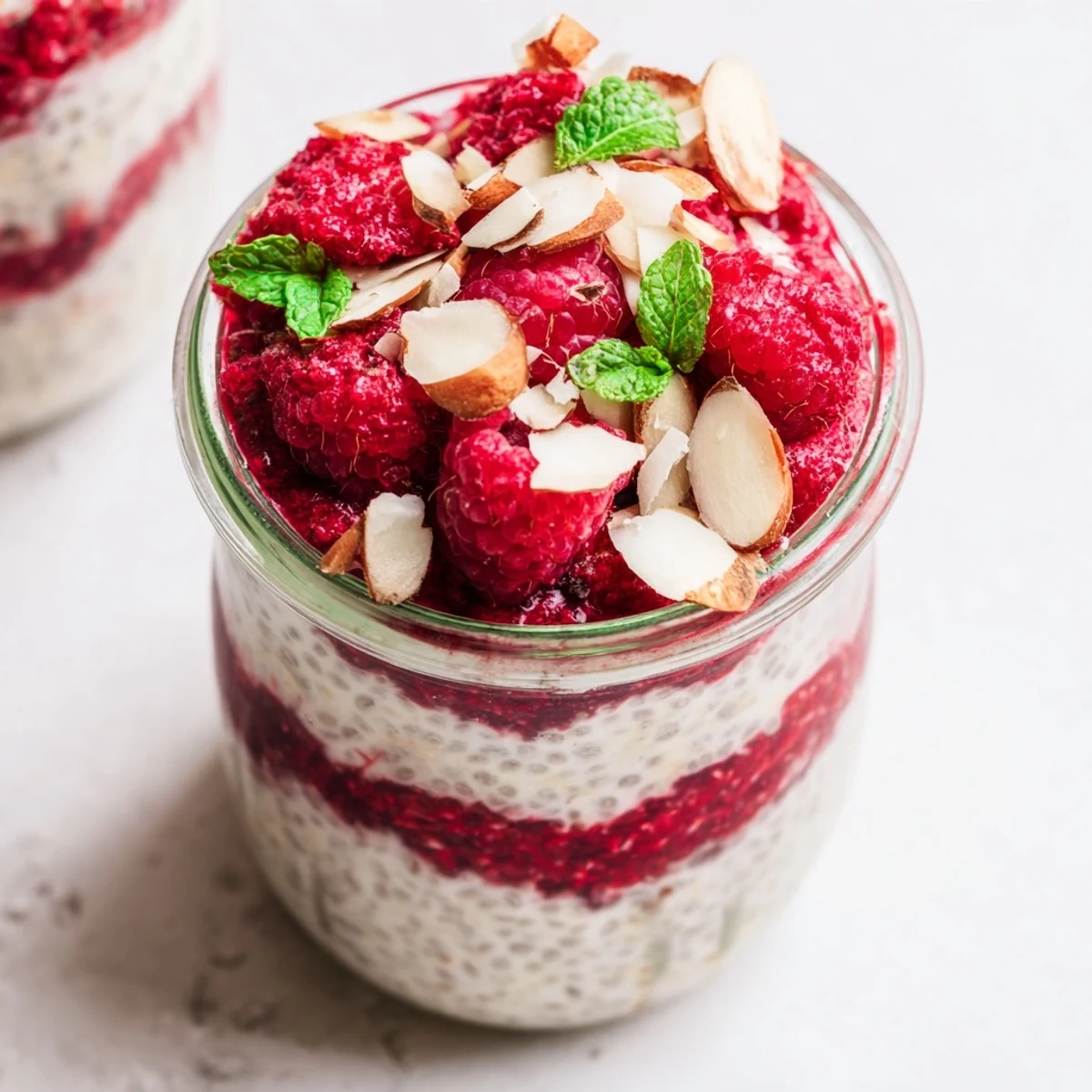 Vegan raspberry chia pudding with maple syrup swirling in parfait glasses topped with whole red berries