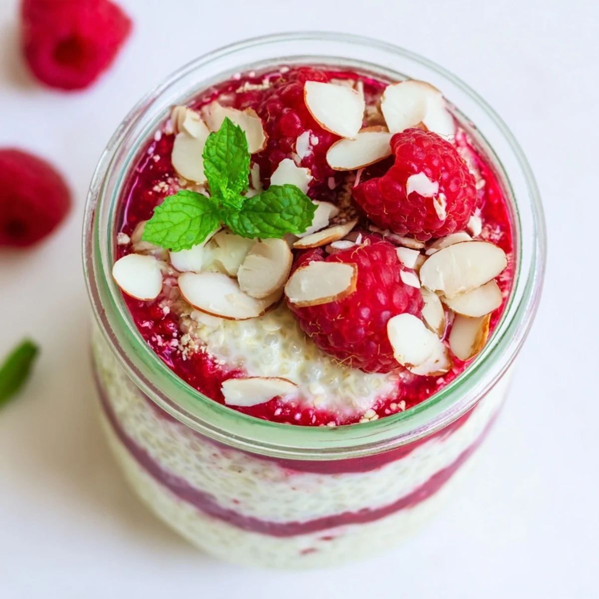Healthy breakfast or dessert featuring layered raspberry chia pudding sweetened naturally with maple syrup and almond milk