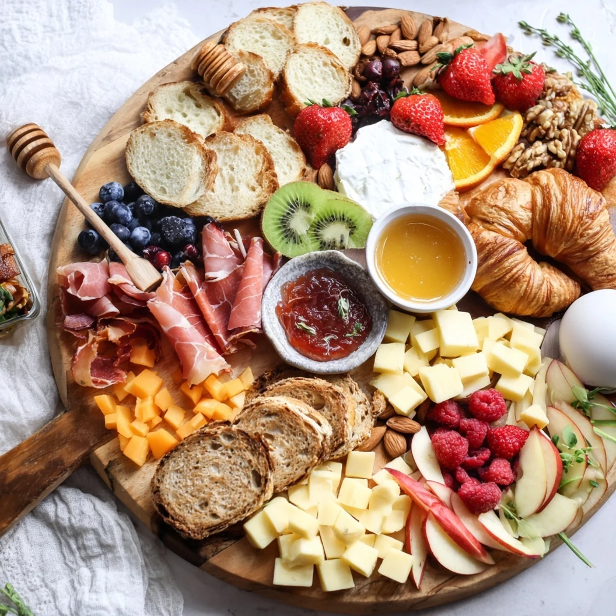 Colorful breakfast charcuterie board arranged with prosciutto, brie, fresh berries, pastries, and honey drizzles