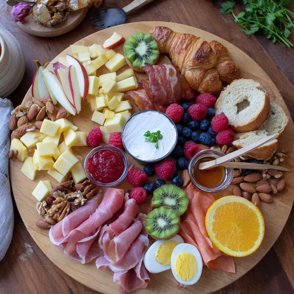 Crowd-pleasing breakfast charcuterie board featuring cubed cheddar, bacon, boiled eggs, mixed nuts, and artisan spreads