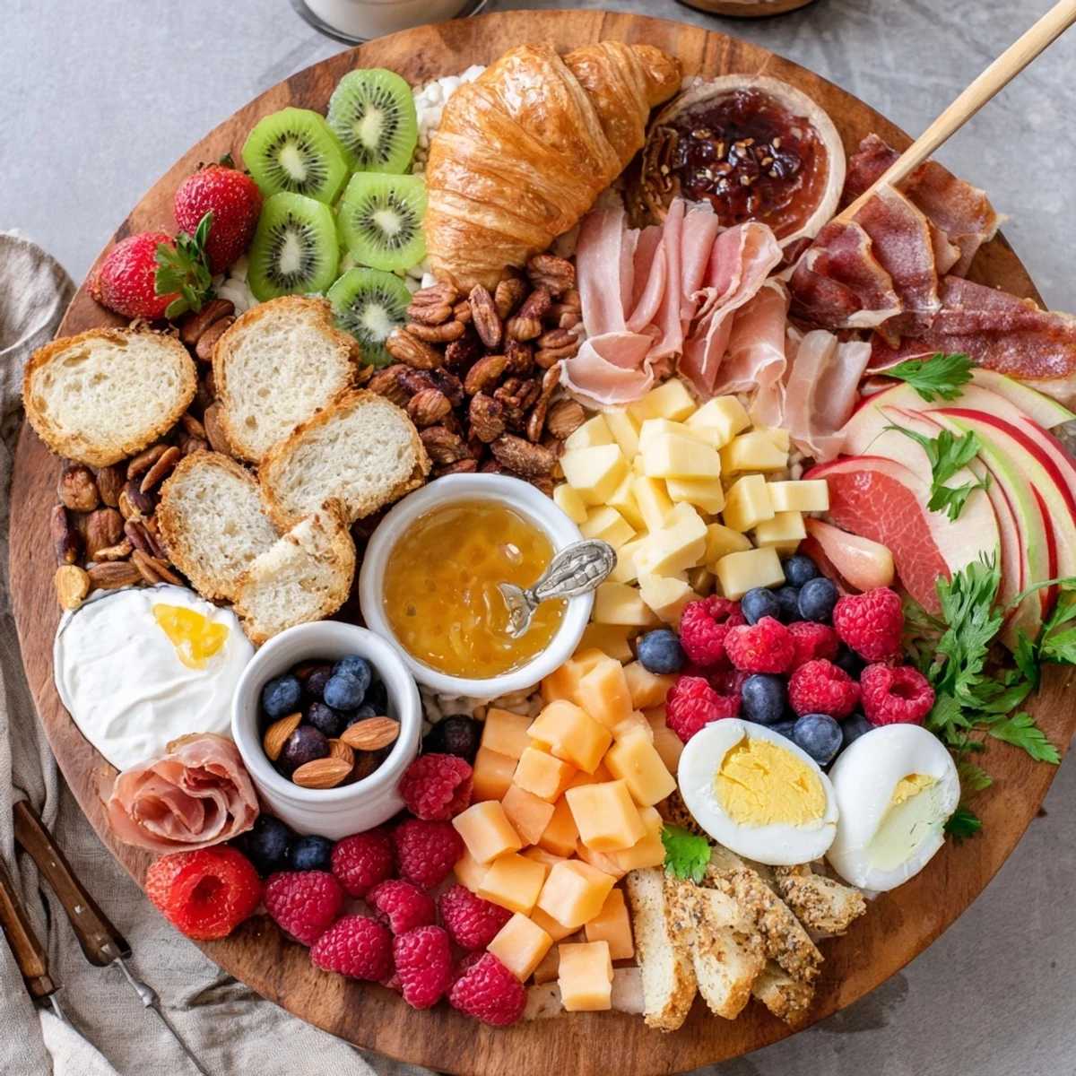 Rustic wooden serving platter displaying a breakfast charcuterie board with smoked salmon, croissants, and seasonal fruit